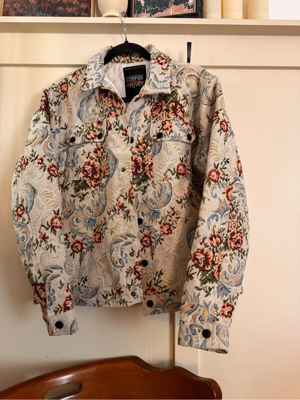 Copper Key Cream Tapestry Jean Jacket with Blue Scrolls & Red Floral - Picture 6 of 8